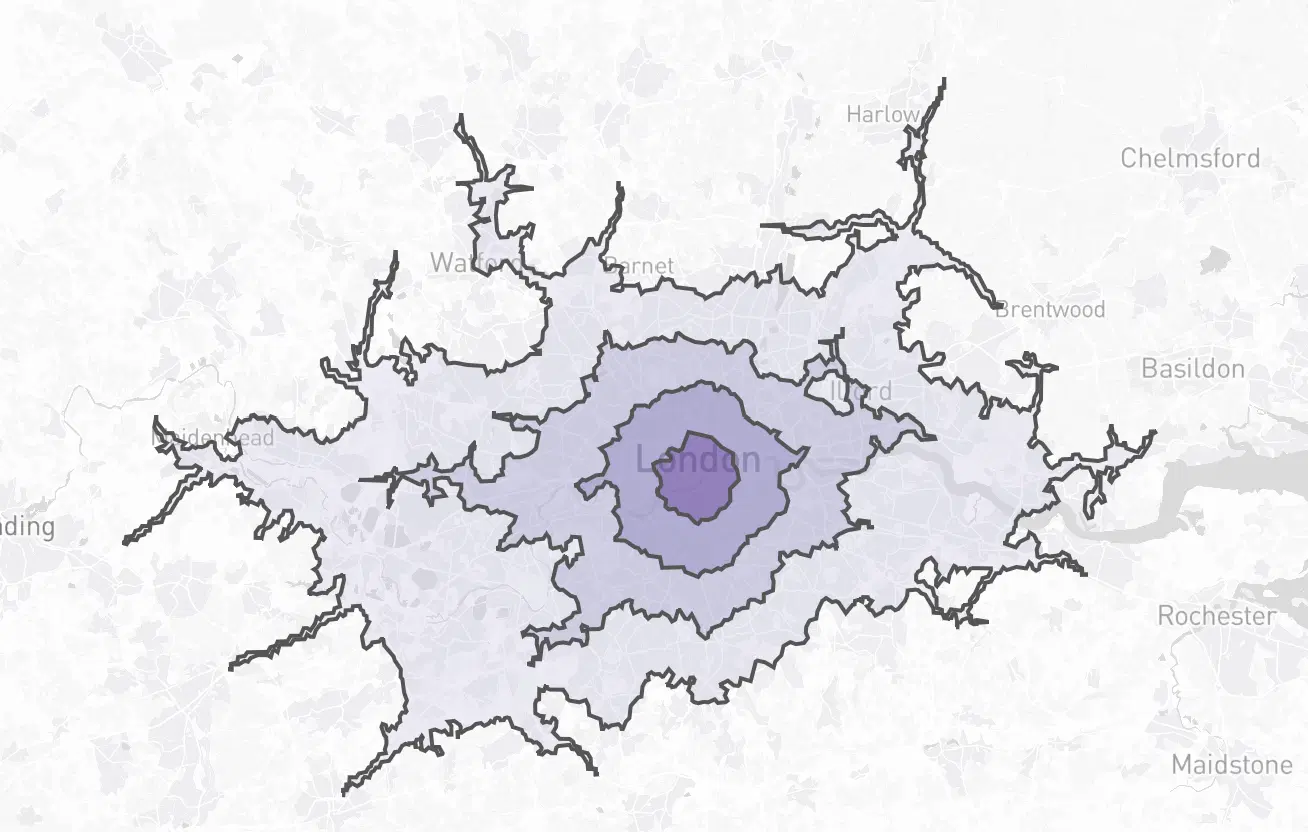 london driving isochrone incremets