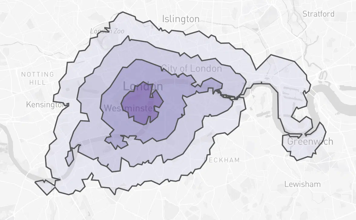 london walking isochrone increments